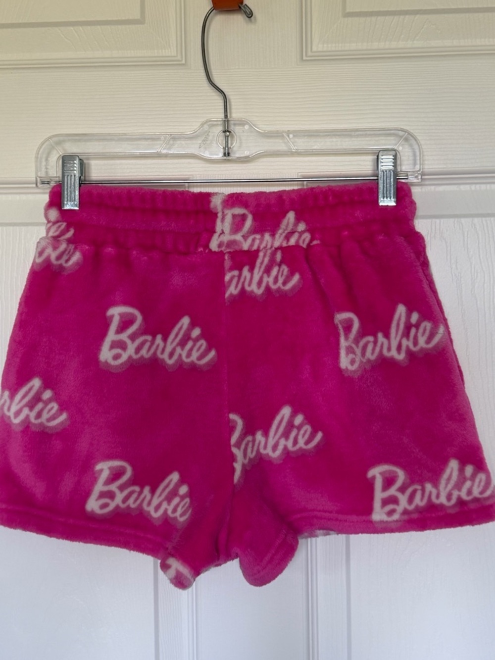 BARBIE Plush Lounge Shorts Pink Logo Fleece Pajama Sleep Shorts Size Small - Picture 14 of 14